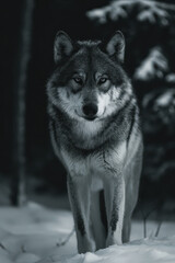 Fototapeta premium Wolf in Snowy Forest: Monochrome