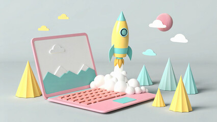 3D laptop rocket launching. Flying saucer toy, website launch rocket lolly. Science fair, galaxy kids colorful spaceship background, space illustration design cover