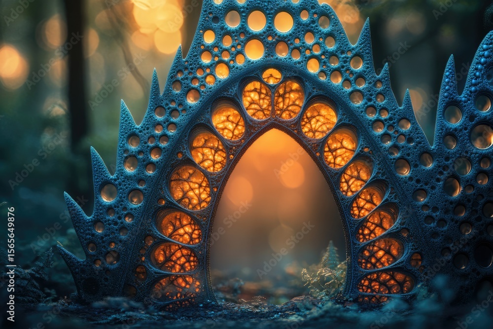 Poster a mesmerizing fractal archway glows in a mystical forest, hinting at a portal to another world.