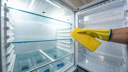 Person cleaning empty refrigerator, chiller shelf with a yellow sponge. The inside of an empty refrigerator being cleaned. Refrigerator interior cleaning. How to clean a fridge?