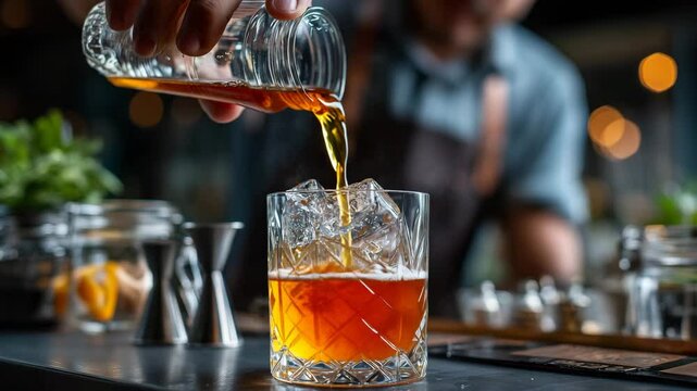 Closeup of bartender pouring whiskey or cocktail into glass with ice on bar counter with blurred background bar tools and garnish visible modern nightlife or drink preparation scene