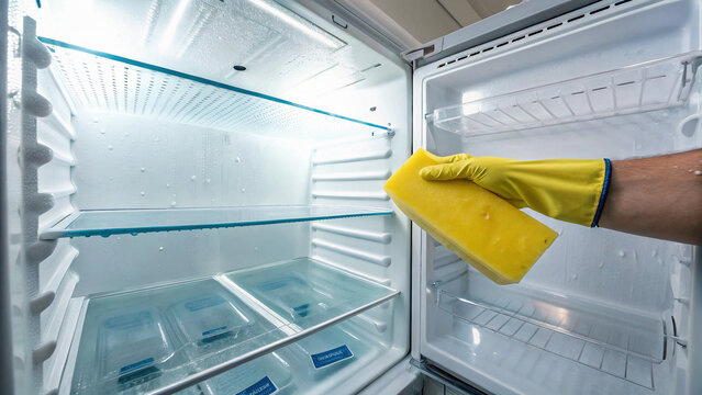 Person cleaning empty refrigerator, chiller shelf with a yellow sponge. The inside of an empty refrigerator being cleaned. Refrigerator interior cleaning. How to clean a fridge?