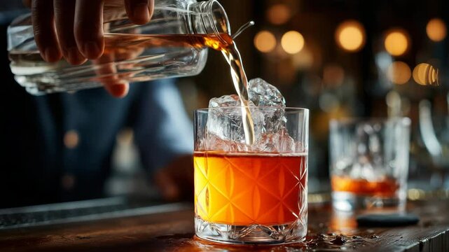 Closeup of bartender pouring whiskey or cocktail into glass with ice on bar counter with blurred background bar tools and garnish visible modern nightlife or drink preparation scene