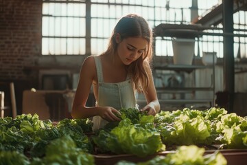 Young woman tending to a lush green lettuce crop in a sunlit greenhouse.