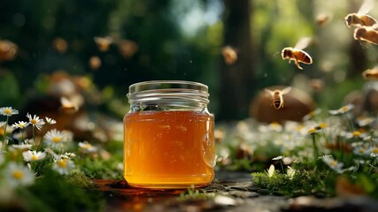 Glass jar of honey on wooden table in forest with bees flying around natural sunlight and flowers in background organic sweet product beekeeping concept - Powered by Adobe