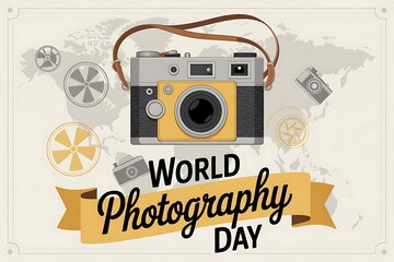 A vintage camera celebrates world photography day with a world map
