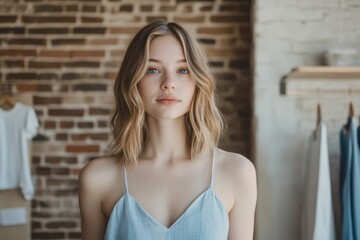 Fototapeta premium A young woman with shoulder-length blonde hair, wearing a light blue slip dress, poses against a brick wall.
