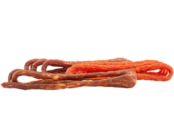 Dry thin meat sausages isolate. Snack for beer, hog sausages.