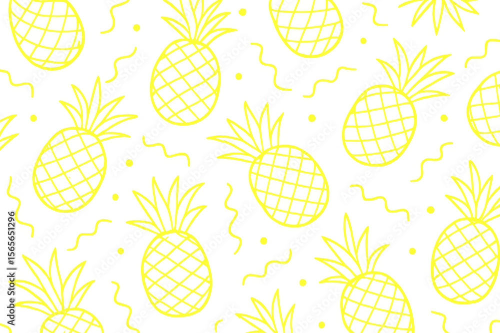 Poster seamless pattern with yellow pineapples and wavy lines on transparent background, ideal for summer p