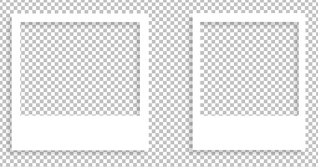 Realistic polaroid photo template. Empty photo frame mock up with shadow. Vintage card. Vector illustration on transparent background.