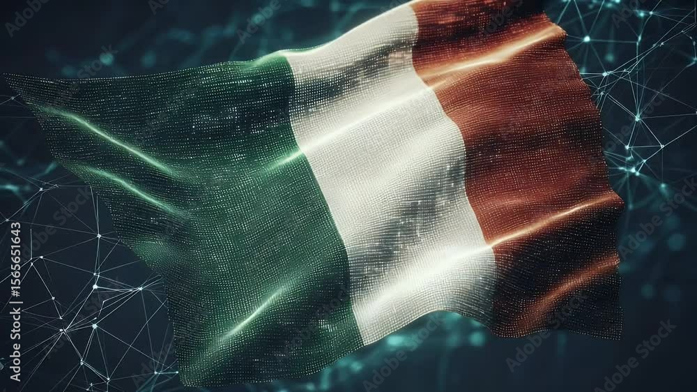 Poster digital rendering of a national flag with interconnected glowing network nodes in the background on 