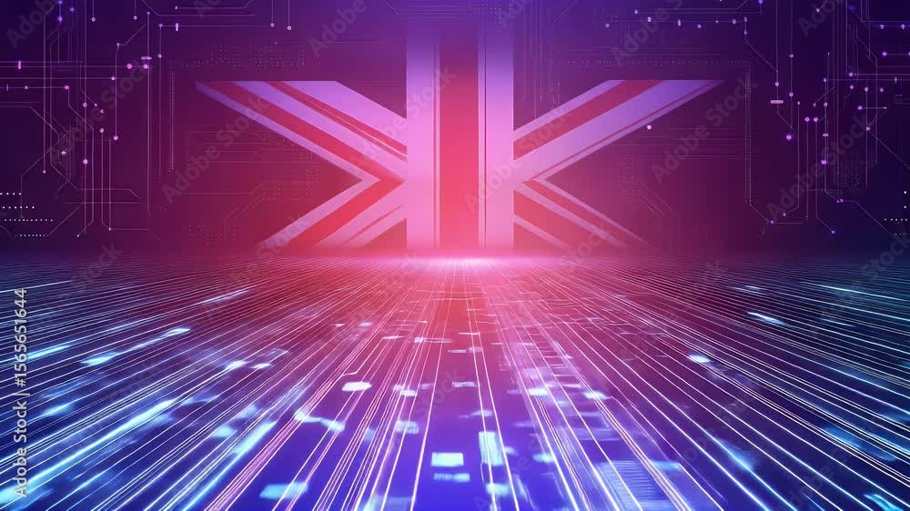 Aufkleber digital representation of the country flag with data streams in vibrant blue and pink colors. futuri