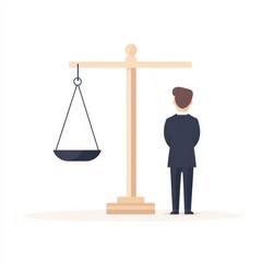 A man in a suit stands beside an unbalanced scale, symbolizing decision-making, justice, or imbalance.