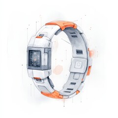 A futuristic smartwatch with a sleek white and orange design, featuring a digital display and a modern sporty band.