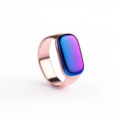 A sleek rose gold ring with a smooth, rounded rectangular face featuring a vibrant gradient of blue to purple hues.