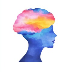 A watercolor silhouette of a human head filled with colorful clouds, symbolizing creativity, imagination, and mental processes.