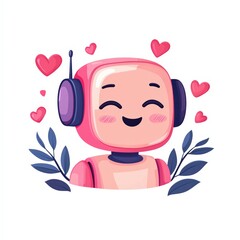 A cute pink robot with headphones smiles happily surrounded by hearts and blue leaves, conveying affection and joy.