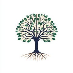 Stylized tree with branching limbs, green leaves, and exposed roots in a minimalist flat design symbolizing knowledge growth and nature