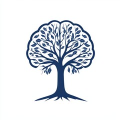 Stylized blue tree illustration with flowing branches and detailed leaves, featuring a symmetrical design on a white background
