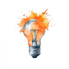 Watercolor illustration of a lightbulb with orange and gray tones and a vibrant paint splash effect, symbolizing creativity and inspiration on a white background