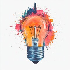 Watercolor illustration of a glowing lightbulb with multicolor paint splashes in red, orange, and blue tones, symbolizing creativity and inspiration on a white background
