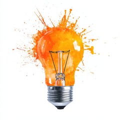 Illustration of a glowing orange lightbulb with vibrant watercolor paint splashes, symbolizing energy, creativity, and bright ideas on a white background

