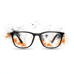 Black eyeglasses with artistic orange and black splatter effects and faint digital grid or blueprint patterns on the lenses, isolated on white background