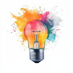 Lightbulb illustration with multicolored paint splashes in the background, symbolizing creativity, innovation, and bright ideas on a white backdrop