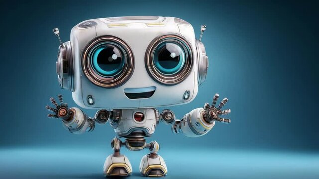 Cute cartoon robot with big eyes smiling and talking standing on blue background friendly futuristic artificial intelligence character for technology or kids content