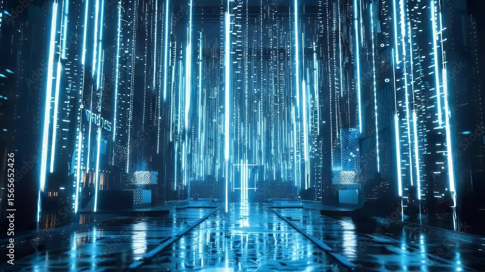Poster abstract digital tunnel with neon blue lines flowing downwards reflecting on the glossy surface. fut