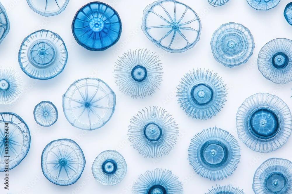 Aufkleber microscopic view of various translucent blue diatoms, showcasing intricate radial patterns and delic