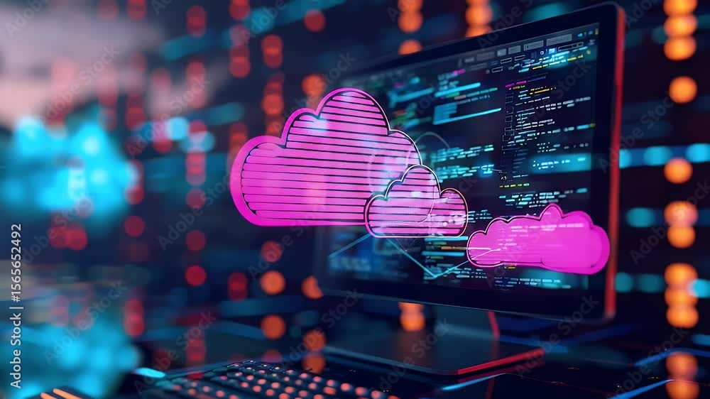 Poster digital cloud computing concept with a computer monitor displaying a pink cloud icon, blue and orang