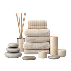 Spa relaxation set with stacked towels candles stones and diffuser on black background