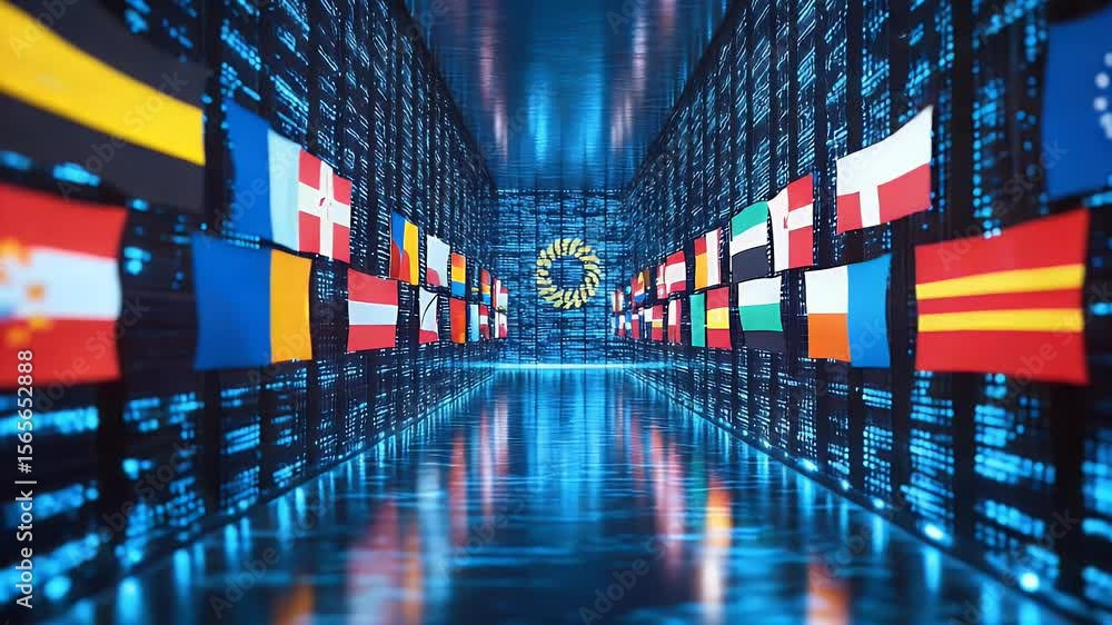Poster array of flags representing nations in a futuristic tunnel with a blue hued digital backdrop and cen