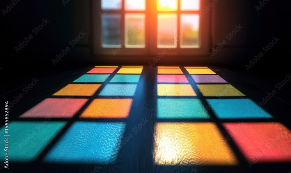 Poster sunlight illuminates colorful squares through a window