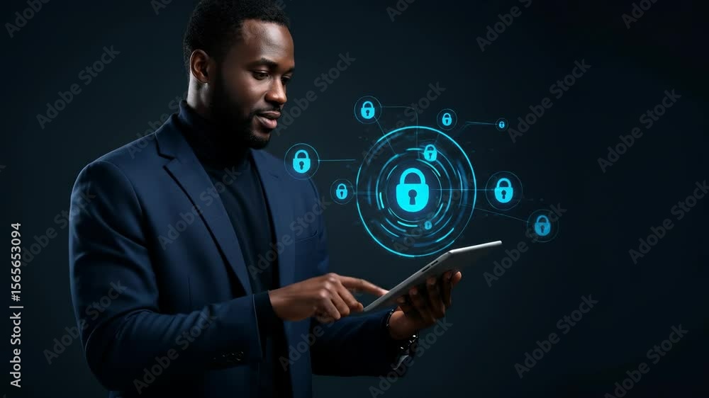Poster data security management: a black man in his 30s uses a tablet with a cybersecurity interface, prote
