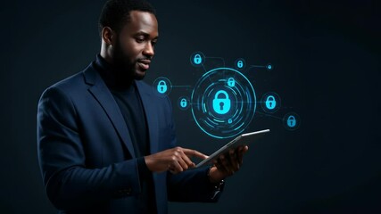 Data Security Management: A Black man in his 30s uses a tablet with a cybersecurity interface, protecting digital data. - Powered by Adobe