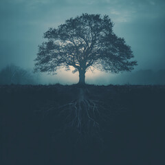 Obraz premium A depiction of a tree with its branches extended and roots emerging from its base.