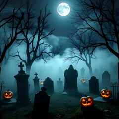 A spooky Halloween cemetery scene with fog drifting between old tombstones, bare trees, and eerie jack-o'-lanterns. The full moon casts a ghostly glow, adding to the haunted atmosphere with shadows.