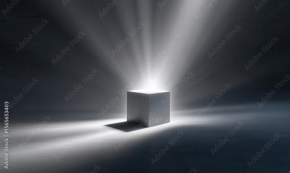 Poster grey cube illuminated with bright light rays