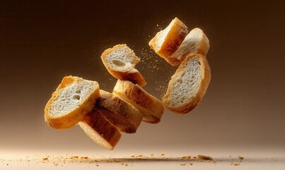 Golden bread slices levitating on Beige Background