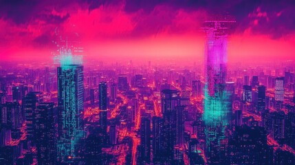 Fototapeta premium Cityscape at dusk with glowing digital overlay.