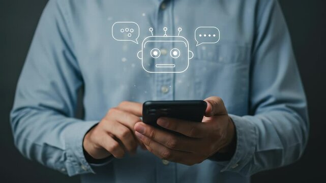AI Chatbot Interaction: A Man Uses Smartphone with Robot Interface for Modern Communication
