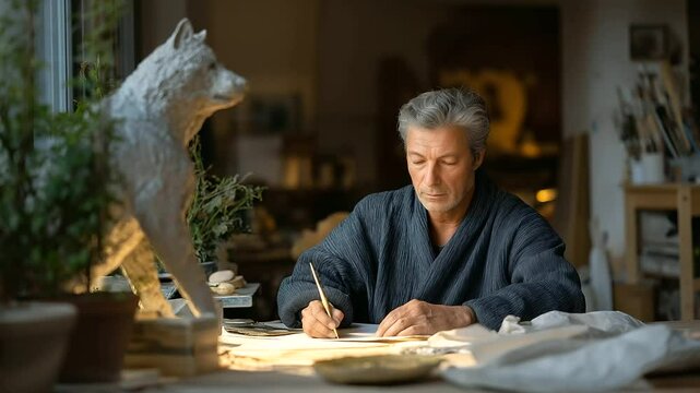 Sculptor assembling a bronze statue in a cozy studio