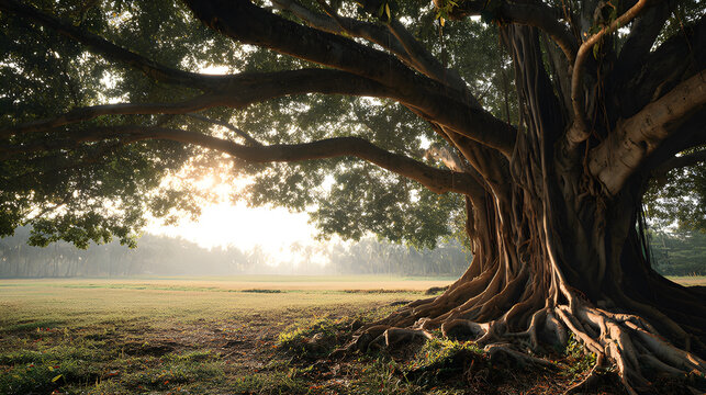 A large banana tree standing on a field with warm sunlight is rooted in TMT steel bars.