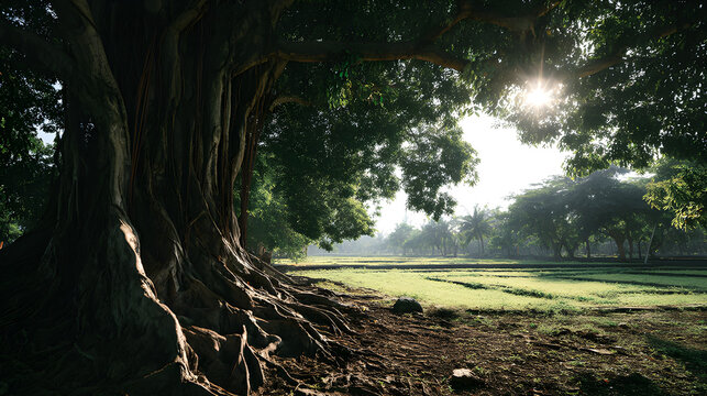 A large banana tree with its roots made up of TMT steel bars on a field with warm sunlight.