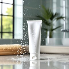 mockup a white tube of cream in the bathroom drops of water pouring on the tube. clean fresh vibes. mock up for an advertisment add lifestyle