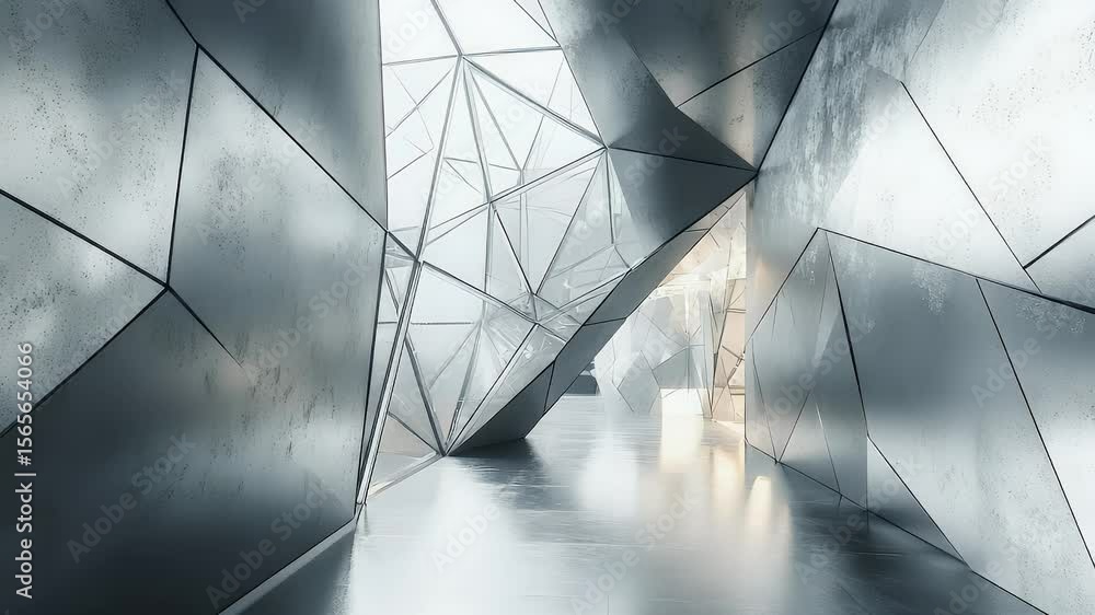 Aufkleber abstract geometric corridor in cool gray tones with structured wall elements and bright highlights c