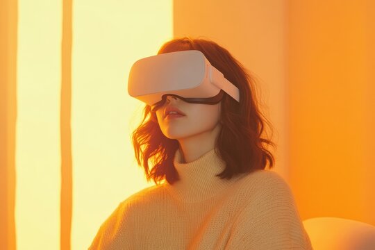 Young woman wearing VR headset, experiencing immersive virtual reality in warm, orange-toned room.