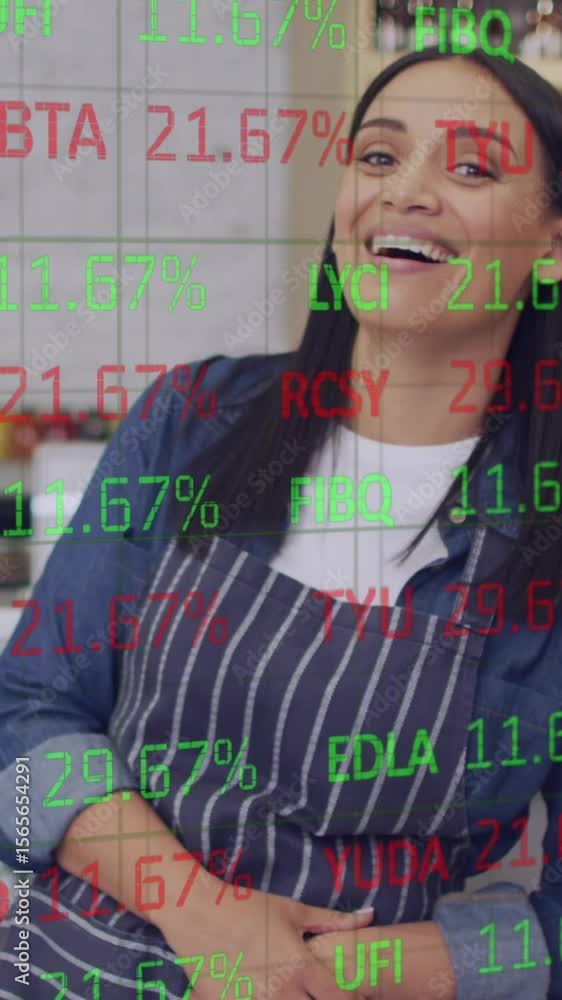 Aufkleber animation of numbers and data processing over woman smiling in shop